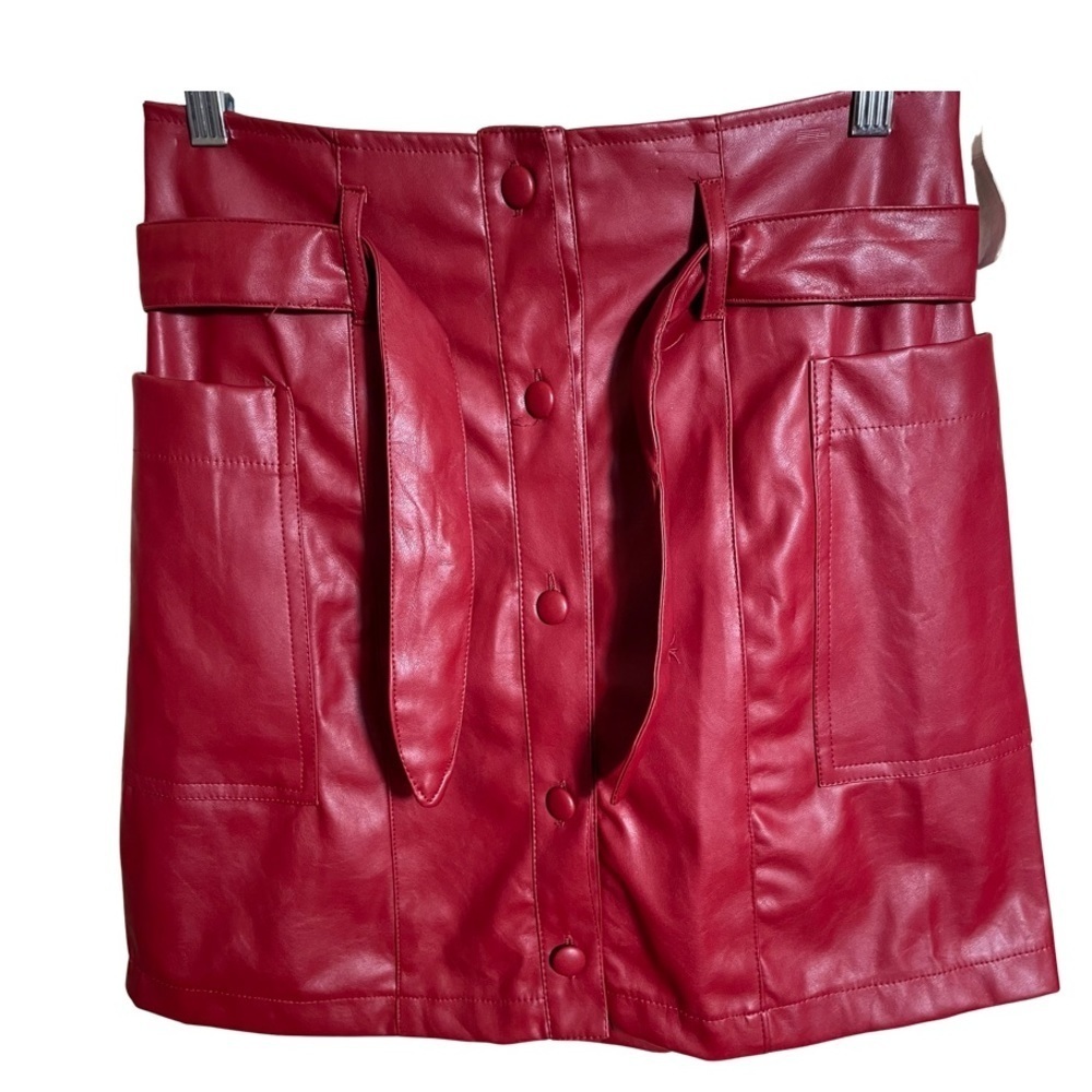 NWT HYFVE Soft Red Faux Vegan Leather Button Down Mini Skirt - Size Medium